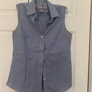 Blue and White Striped Sleeveless Blouse